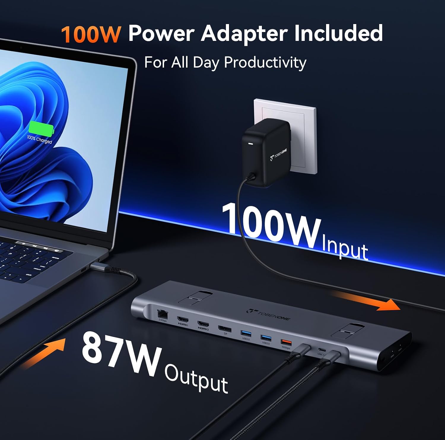 TobenONE 16-in-1 USB-C Docking Station 3 Monitors & Dual Monitor,2 HDMI+DP+6 USB Ports for Office & Home Use,Capable of 100W Power Supply & 2.5Gbps Ethernet, Used with Dell/HP/Lenovo