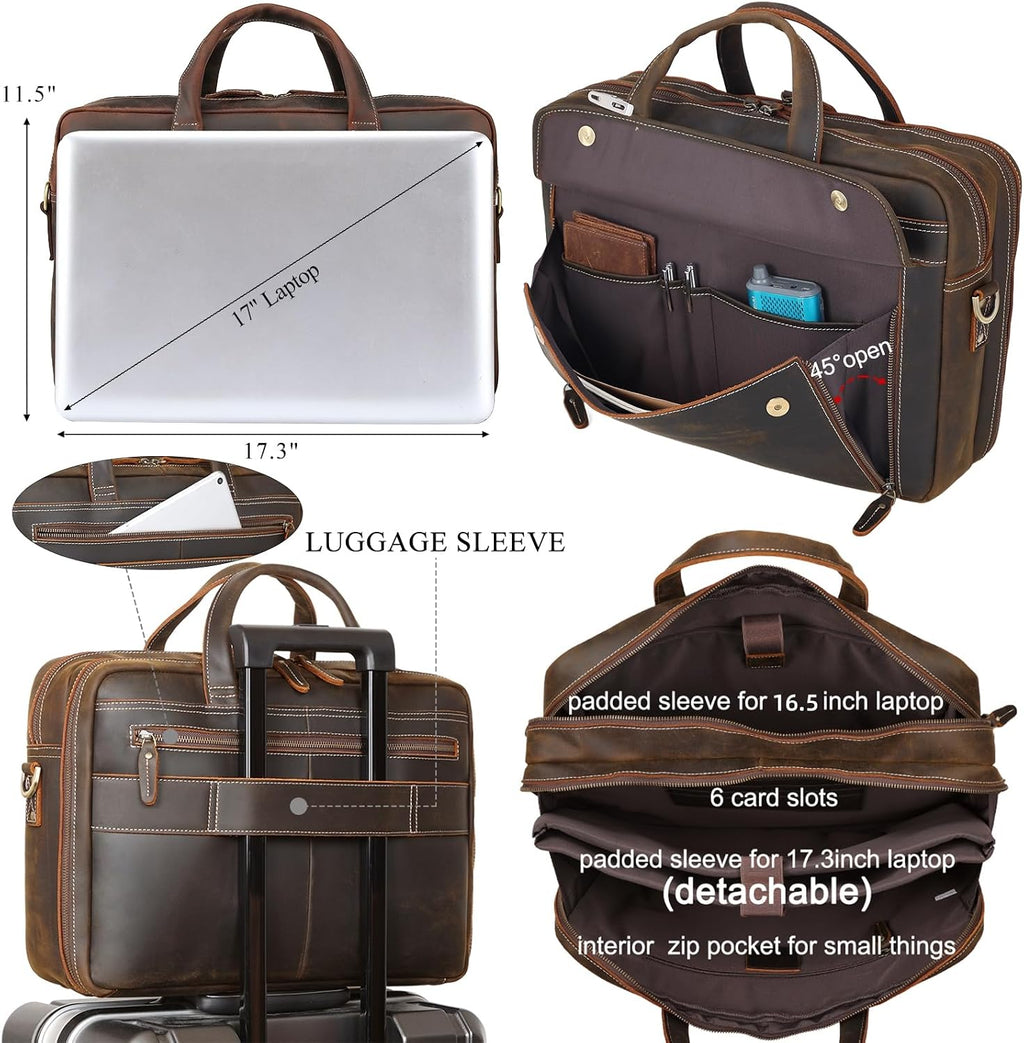 Masa Kawa Leather Briefcase for Men 15.6', 17' Laptop Computer Case Business Travel Work Messenger Cross Body Shoulder Bag
