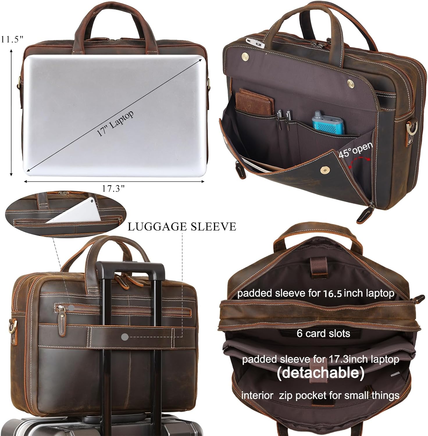 Masa Kawa Leather Briefcase for Men 15.6', 17' Laptop Computer Case Business Travel Work Messenger Cross Body Shoulder Bag