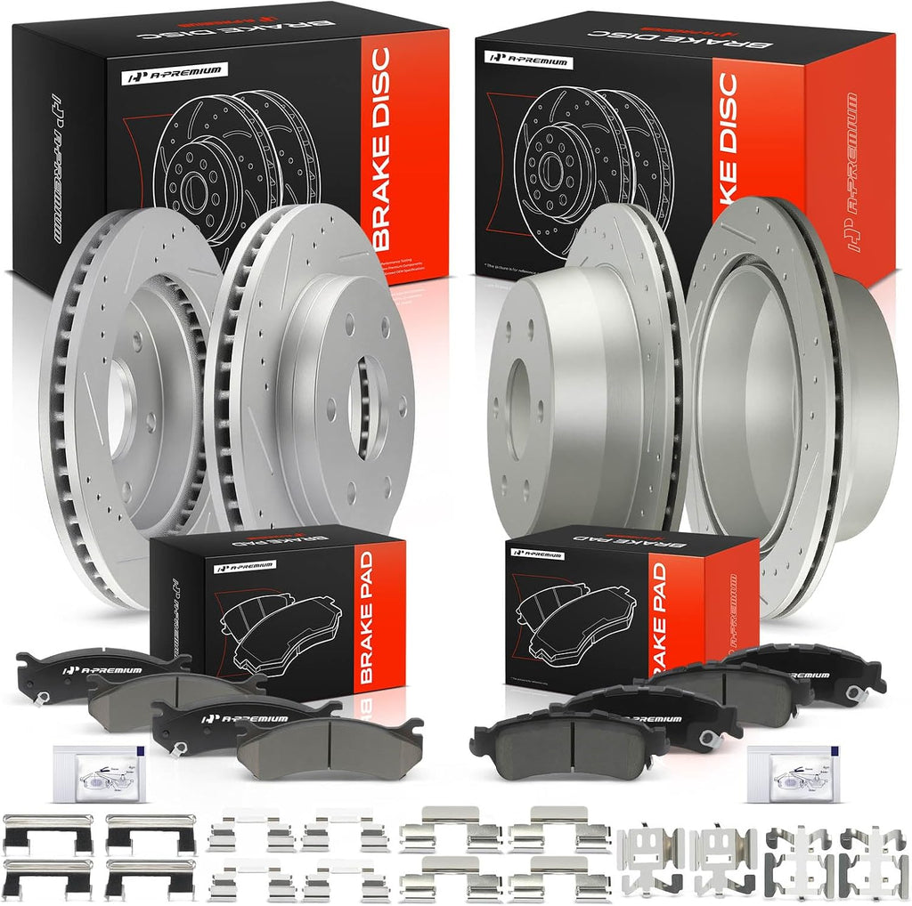 A-Premium Front & Rear Drilled and Slotted Disc Brake Rotors + Ceramic Pads Kit Compatible with Select Chevrolet and GMC Models - Tahoe, Silverado 1500, Sierra 1500, Yukon, Astro, Safari, 12-PC Set