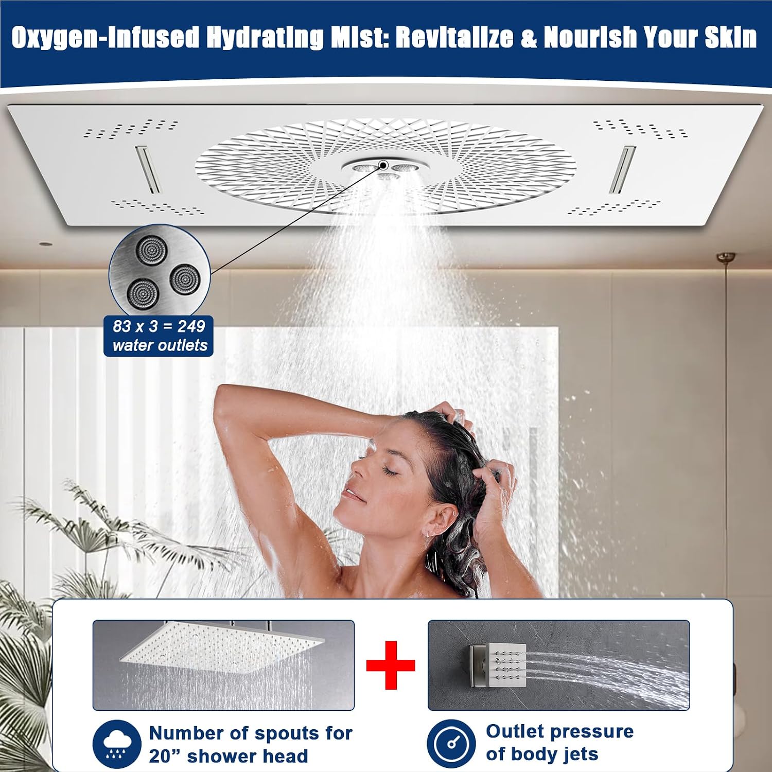 24x16 inch LED Shower head, 2 Function Stainless Steel Rectangle Waterfall And Mist Ceiling Mount Shower Head, 600 * 405mm Spray Waterfall Shower Head with Remote Control, Brushed Nickel