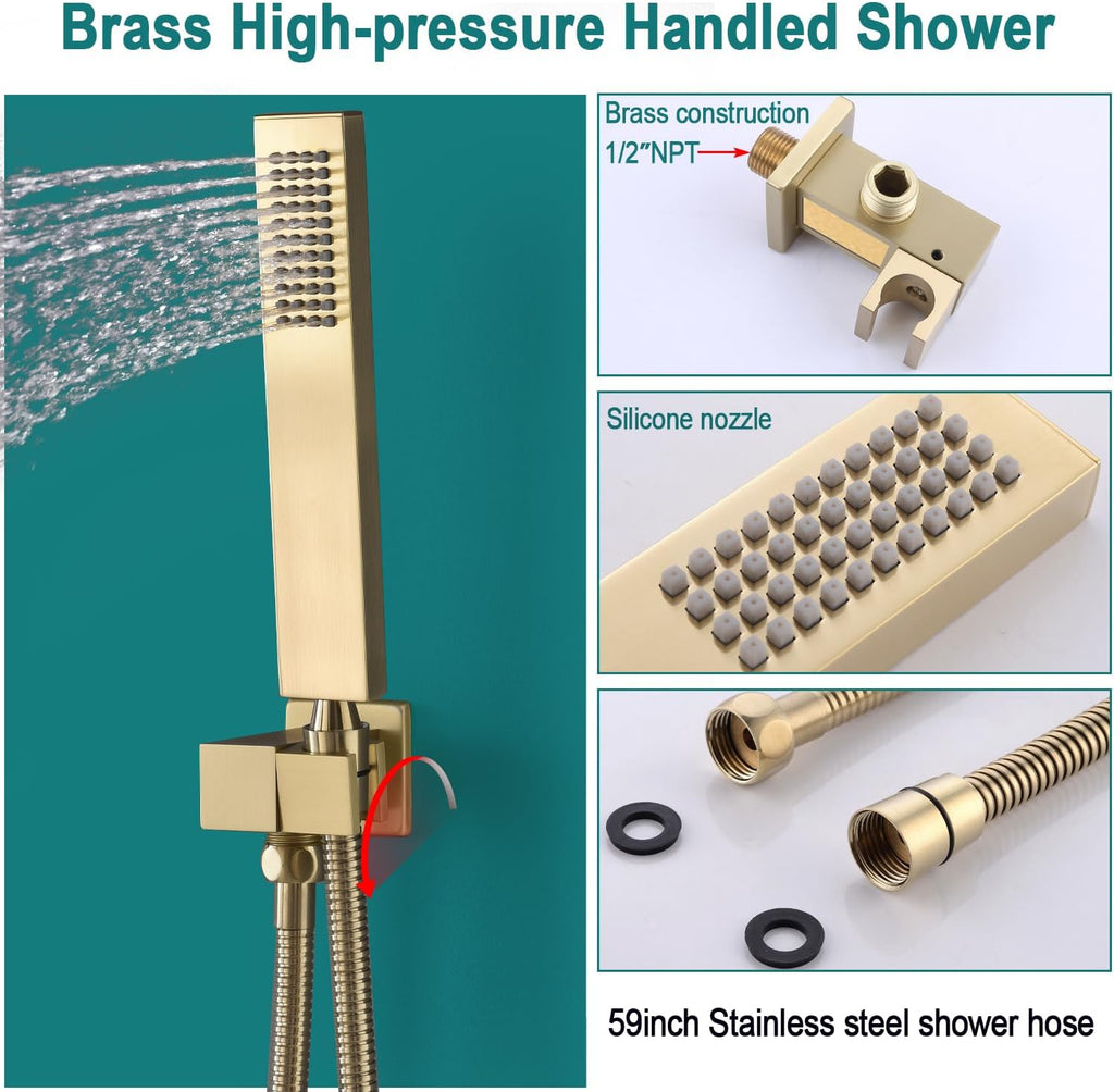 HOMEDEC Luxury Brushed Gold 16inch Shower System with Body Jets, Rainfall Shower Faucet Set with 6pcs Full Body Spray Jets, Ceiling LED Rain Showerhead and Thermostatic Diverter Valve