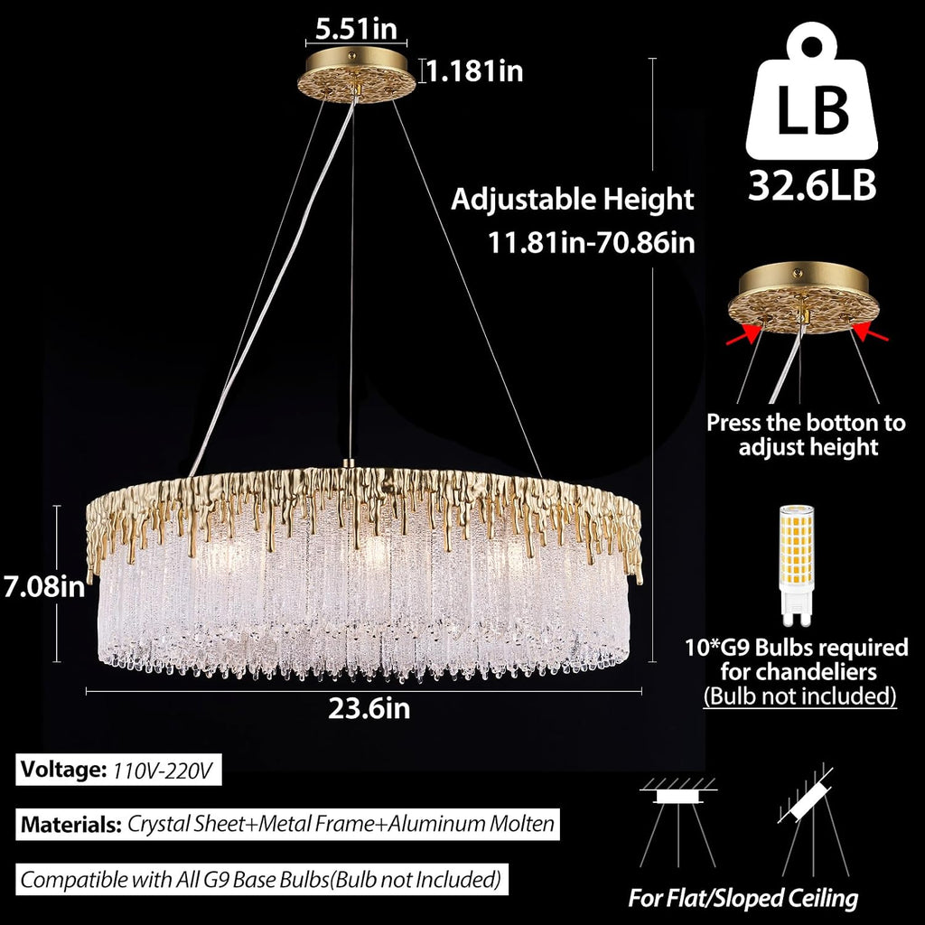 D23.6 Round Crystal Chandelier, Modern Gold Crystal Chandeliers for Dining Room, 10-Light Height Adjustable Chandelier for Living Room Bedroom Entryway Kitchen Island