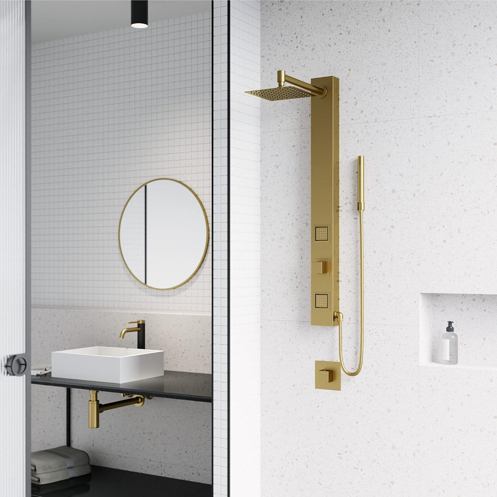 VIGO Orchid 39 in. H x 4 in. W 2-Jet Shower Panel System with Square Head and Hand Shower Wand in Matte Brushed Gold VG08014MG