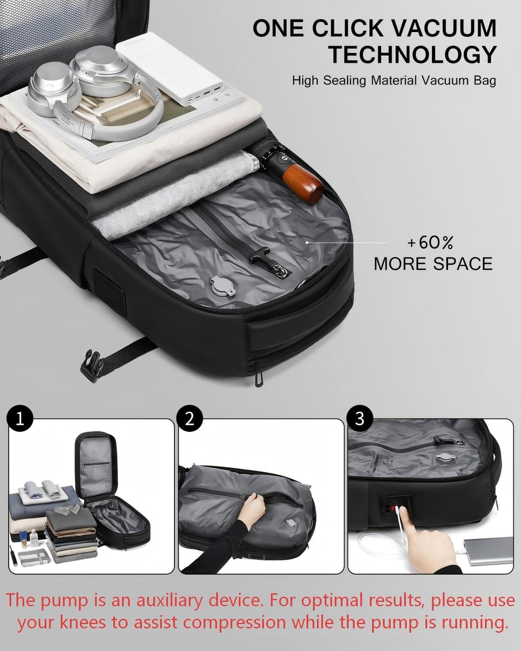 Vacuum Rolling Backpack with Integrated Pump, 60L Vacuum Backpack for Travel with Wheels, TSA Lock and Charging Port, Vacuum Compression Expandable Backpack for 17.3'' Laptop, Business & Long Trips