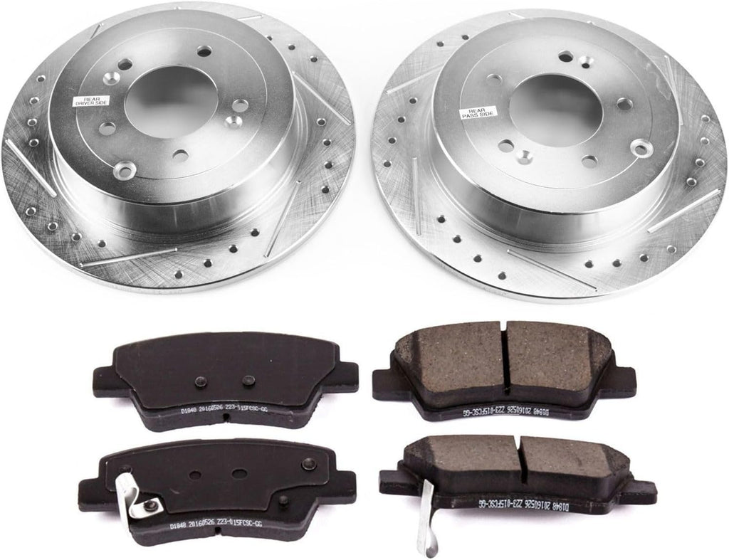 PowerStop Rear Brake Kit for Hyundai Tucson 2016-18 | Kia Sportage 2017-22 - Drilled and Slotted Disc Rotors with Carbon-Fiber Ceramic Brake Pads Replacement, K7729