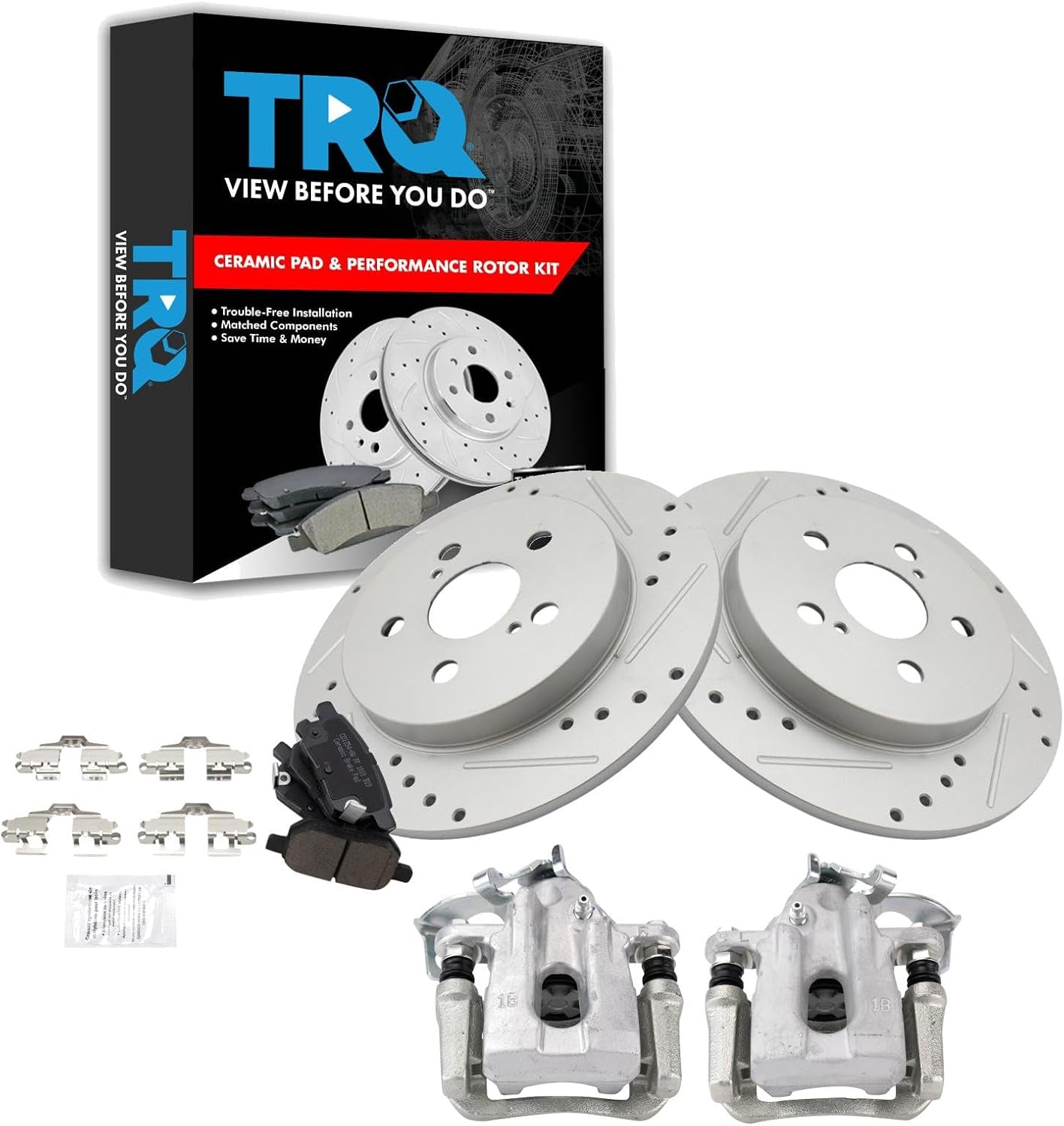 TRQ Performance Rear Brake Pad and Rotor Set Ceramic Solid Rotors Calipers Compatible with 2010-2013 Toyota Prius