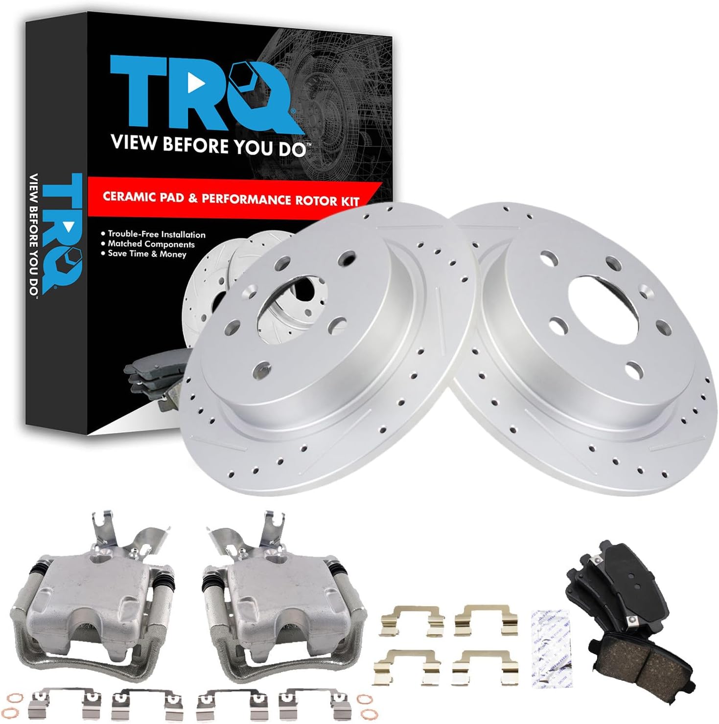 TRQ Performance Rear Brake Pad and Rotor Set Ceramic Solid Coated Rotors Calipers Compatible with 2014-2015 Chevrolet Malibu