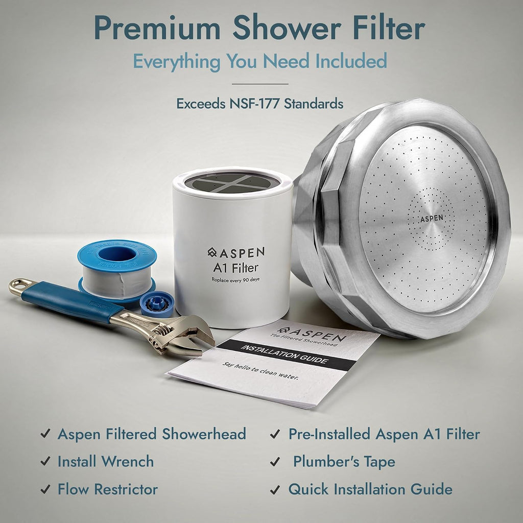 Aspen Filtered Shower Head for Healthy Hair & Skin | Removes Chlorine, Hard Water & Heavy Metals | High Pressure Shower Head with Filter | Water Softener | KDF-55