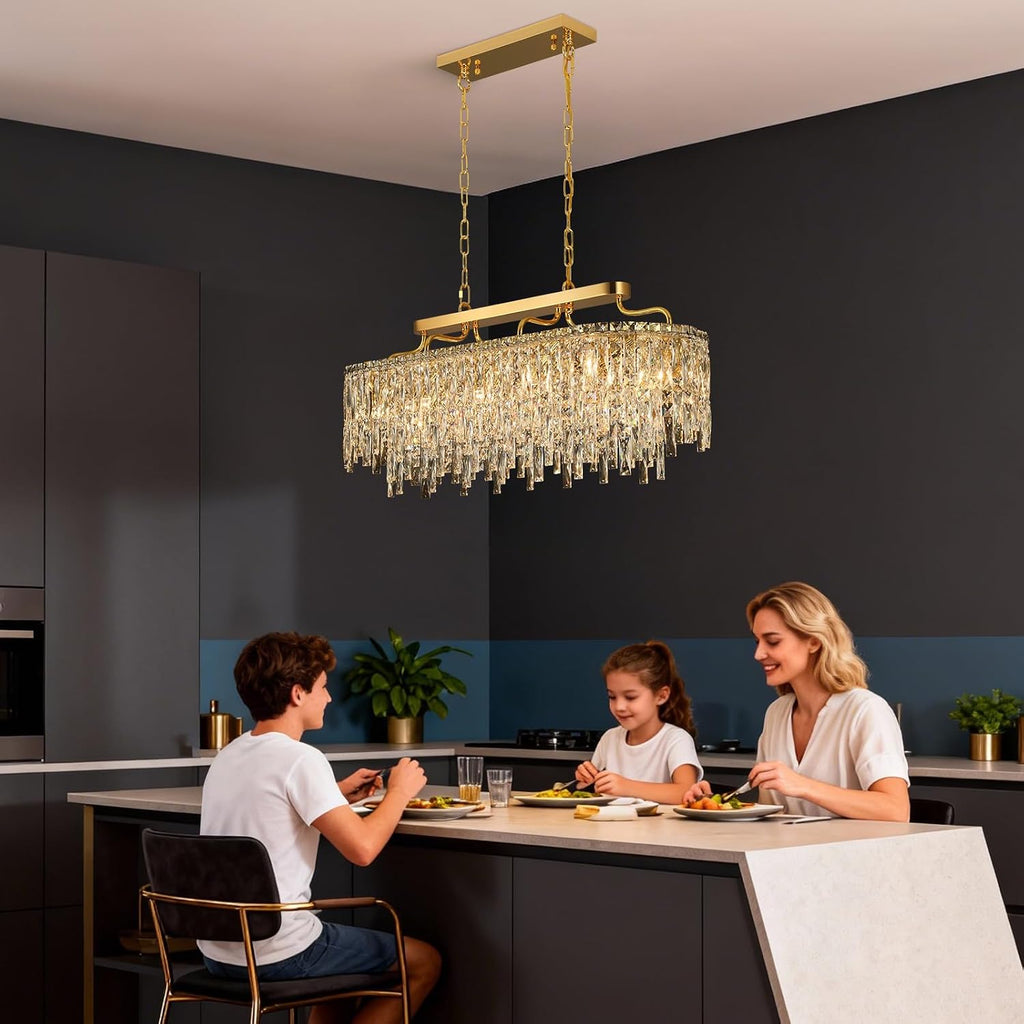 12-Lights Modern Gold Crystal Chandeliers for Dining Room Light Fixtures Over Table | L36' Luxury Crystal Chandeliers for Kitchen Island | Oval Hanging Lighting for Living Room Bedroom Bathroom