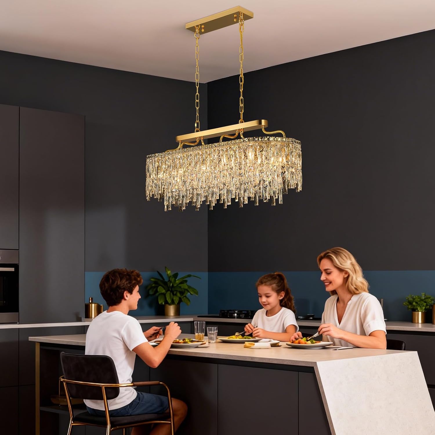 12-Lights Modern Gold Crystal Chandeliers for Dining Room Light Fixtures Over Table | L36' Luxury Crystal Chandeliers for Kitchen Island | Oval Hanging Lighting for Living Room Bedroom Bathroom