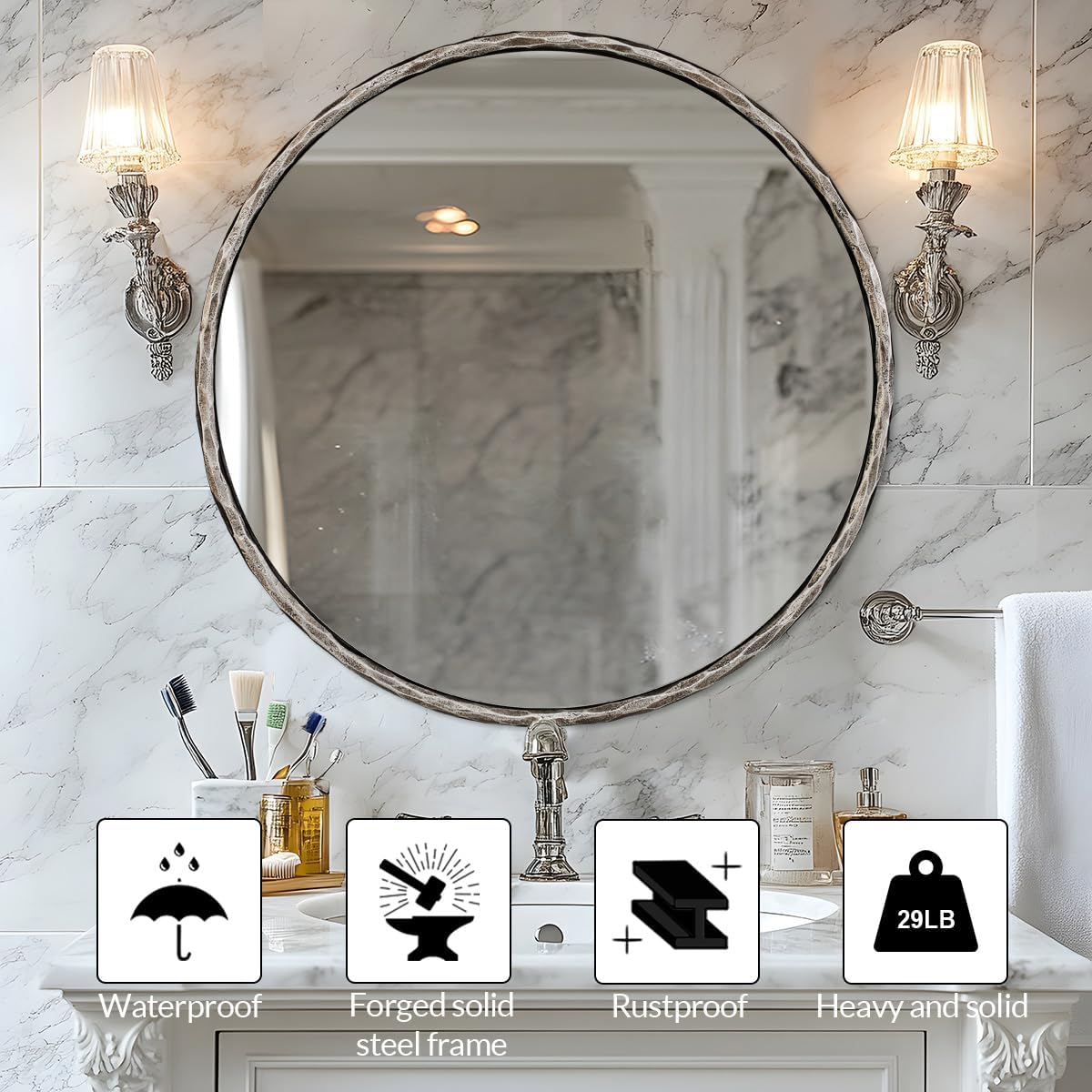 ANDY STAR 30 Inch Bathroom Hammered Round Mirrors, Silver Hand-Forged Circle Wall Mirrors with Metal Frame, Antique Round Mirror for Wall, Livingroom, Entryways, Solid Steel, Anti-Rust
