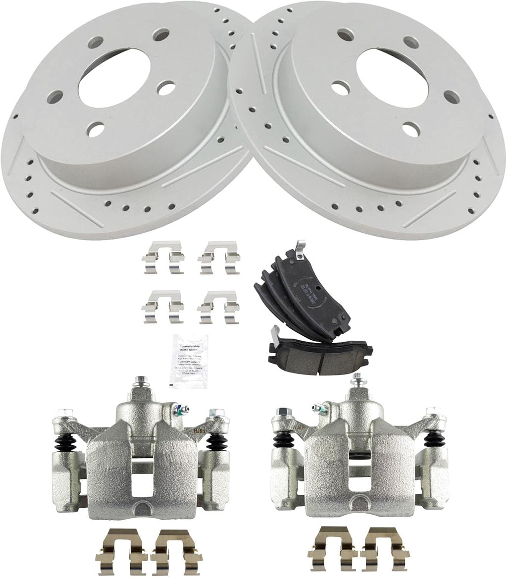TRQ Performance Rear Brake Pad & Rotor Set Ceramic Drilled Rotors Calipers Compatible with 97-04 Buick Regal 98-02 Oldsmobile Intrigue 00-05 Chevrolet Impala Monte Carlo 97-03 Pontiac Grand Prix