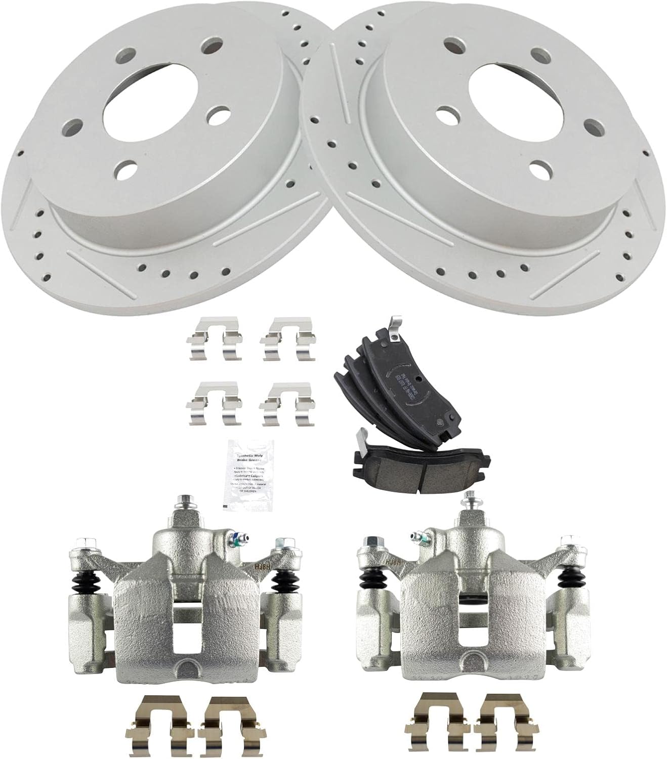 TRQ Performance Rear Brake Pad & Rotor Set Ceramic Drilled Rotors Calipers Compatible with 97-04 Buick Regal 98-02 Oldsmobile Intrigue 00-05 Chevrolet Impala Monte Carlo 97-03 Pontiac Grand Prix