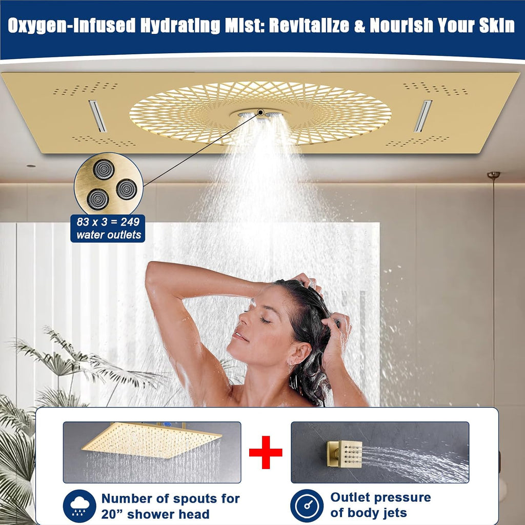 24x16 inch LED Shower head, 2 Function Stainless Steel Rectangle Waterfall And Mist Ceiling Mount Shower Head, 600 * 405mm Spray Waterfall Shower Head with Remote Control, Brushed Gold