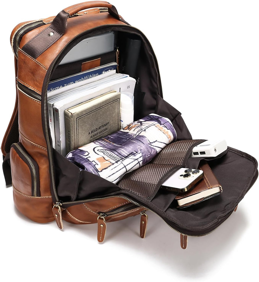 LANNSYNE Vintage Genuine Leather Backpack for Men, 15.6' Laptop Backpack Camping Travel 24L Rucksack