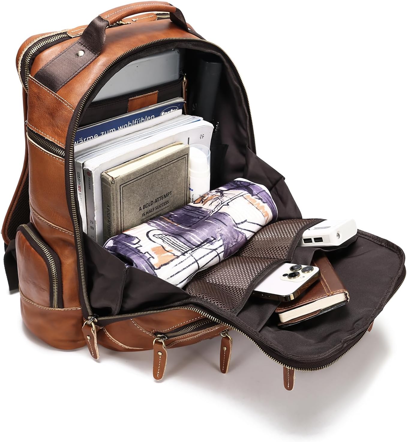 LANNSYNE Vintage Genuine Leather Backpack for Men, 15.6' Laptop Backpack Camping Travel 24L Rucksack
