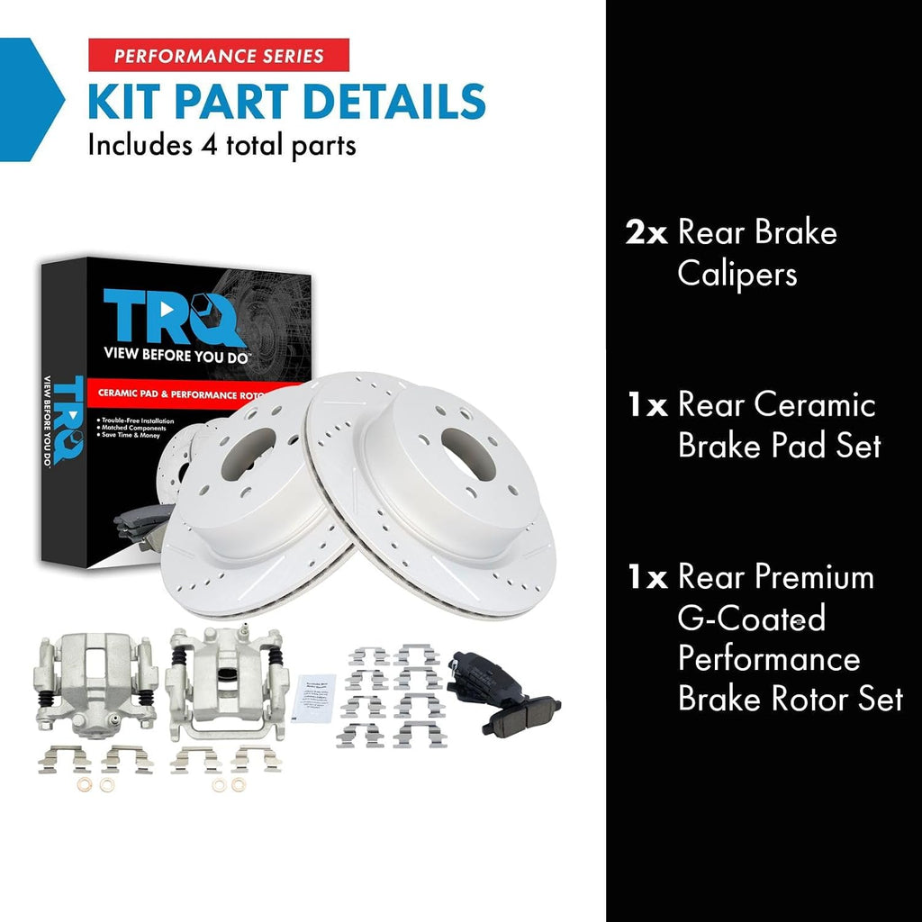 TRQ Performance Rear Brake Pad and Rotor Set Ceramic Drilled Slotted Coated Rotors Calipers Compatible with 2005-2007 Infiniti G35 2006-2009 M35 M45 Nissan 350Z
