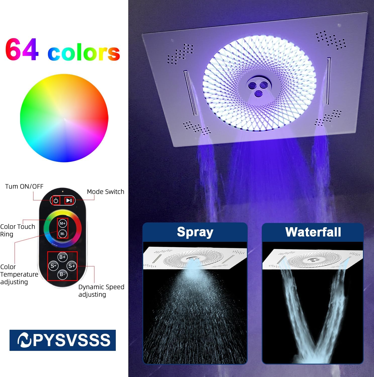 24x16 inch LED Shower head, 2 Function Stainless Steel Rectangle Waterfall And Mist Ceiling Mount Shower Head, 600 * 405mm Spray Waterfall Shower Head with Remote Control, Brushed Nickel