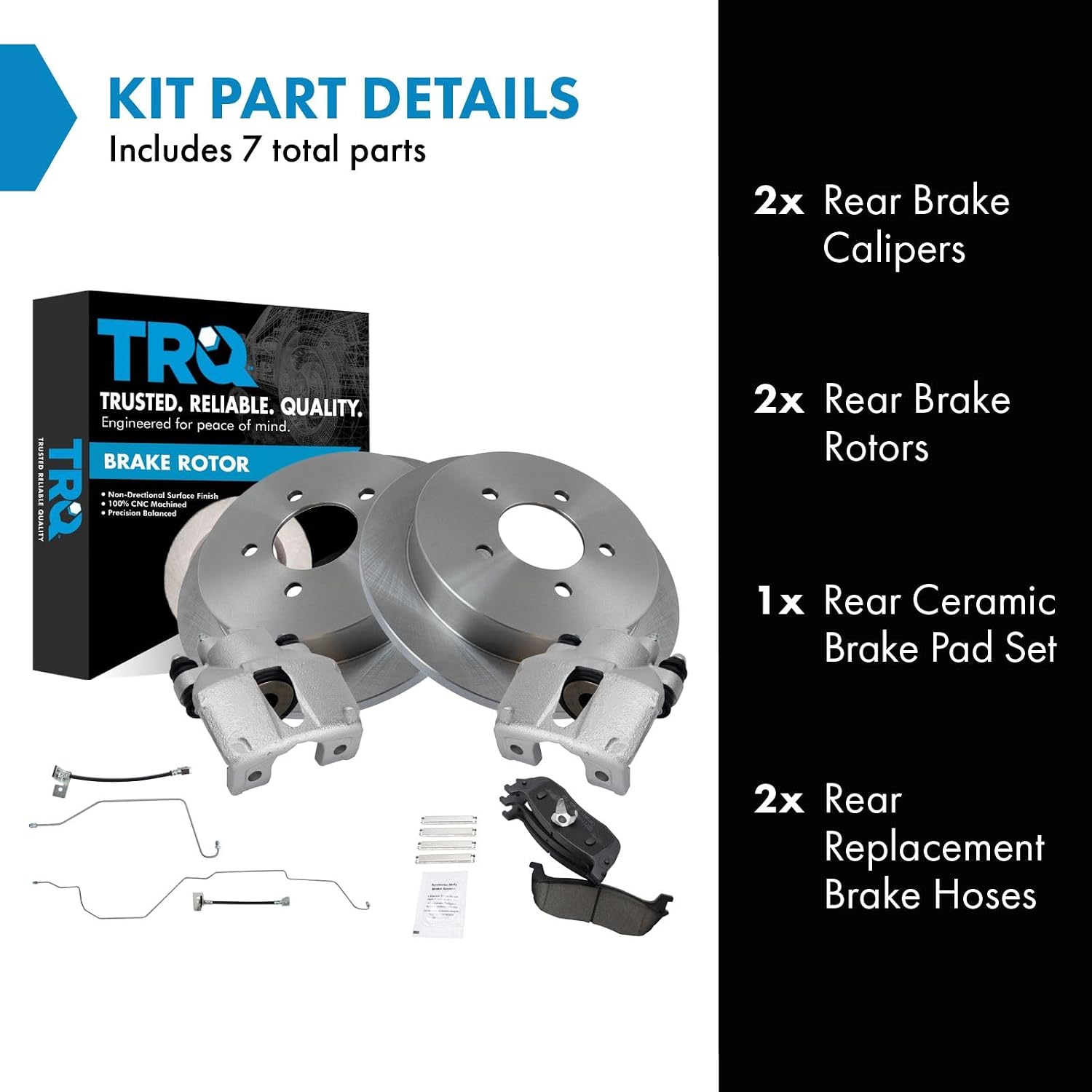 TRQ Rear Brake Pad and Rotor Set Ceramic Rotors Calipers Hoses Compatible with 1999-2003 Ford F-150 2004 F-150 Heritage