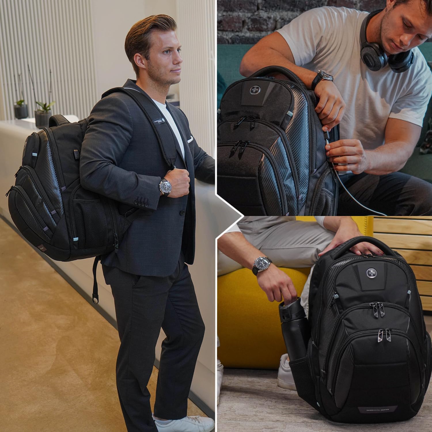 Swissdigital Design Men's 17 Inch Laptop Backpack with Apple Find My Network and USB Charging Port, Large Capacity Business Travel Backpack for College and Business Black | SD1643FB-01