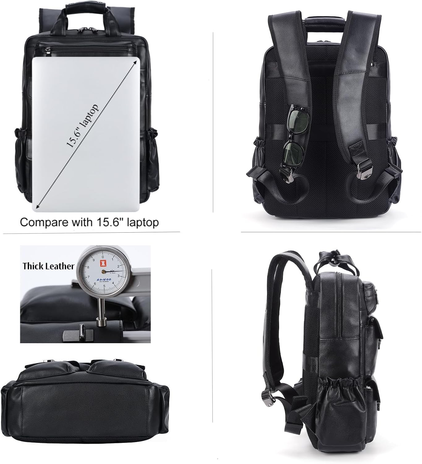 Masa Kawa Black Leather Backpack for Men 15.6 Inch Laptop Bag Multi Pockets Casual Work Business Travel Daypack