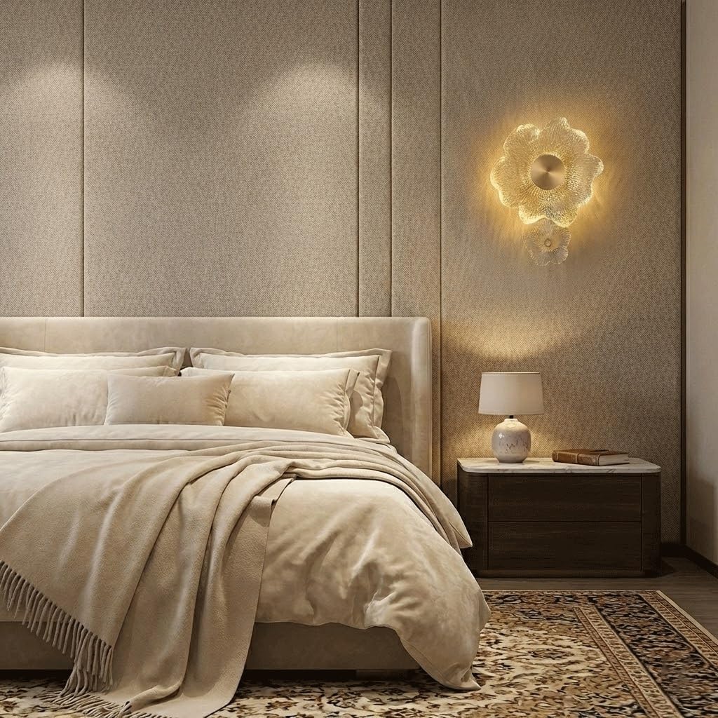 Luxury Art Deco Golden Wall Sconce, Exquisite Hammered Glass Petals Floral Light Fixture, Elegant Gold Tone Flower Lamp, Vintage Decorative Sconce for Bedroom, Hallway and Living Room