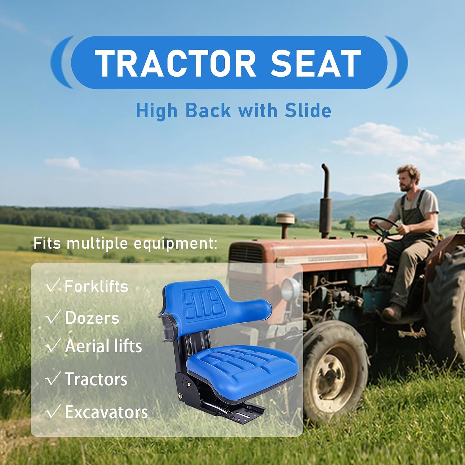 Universal Adjustable Ergonomics Tractor Seat with Heavy-Duty Padded Vinyl Cover, 110-265 LBS Weight Capacity, Heavy Duty Steel for Long-Lasting Comfort (Blue)