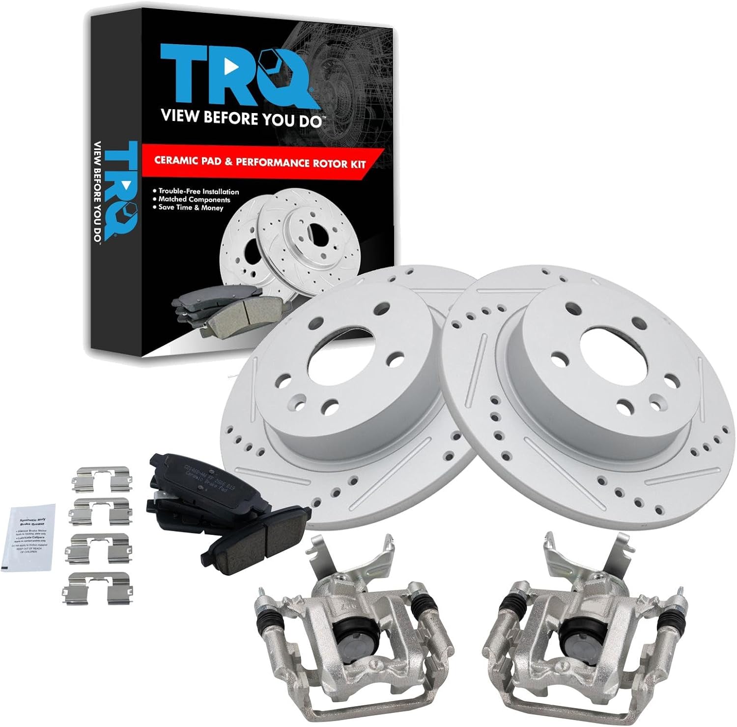 TRQ Performance Rear Brake Pad and Rotor Set Ceramic Solid Coated Rotors Calipers Compatible with 2013-2017 Buick Encore 2013-2016 Chevrolet Sonic 2015-2017 Trax