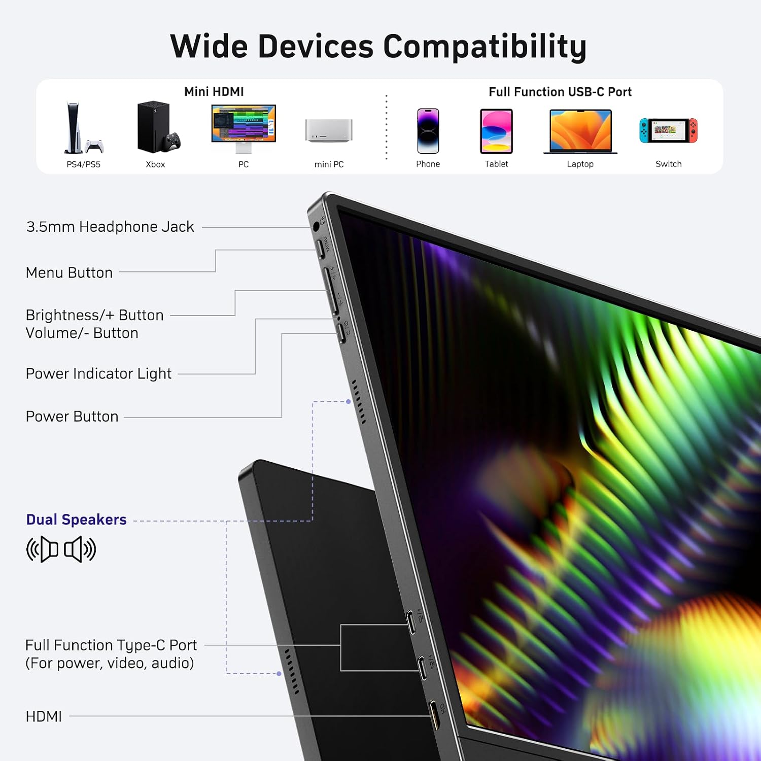 MNN 18.5'' Portable Monitor 100Hz, FHD 1080P IPS Laptop Screen with Built-in Stand & Dual Speakers, USB-C HDMI External Display for Laptop PC Phone PS5 Xbox Switch, Travel Gaming Monitor