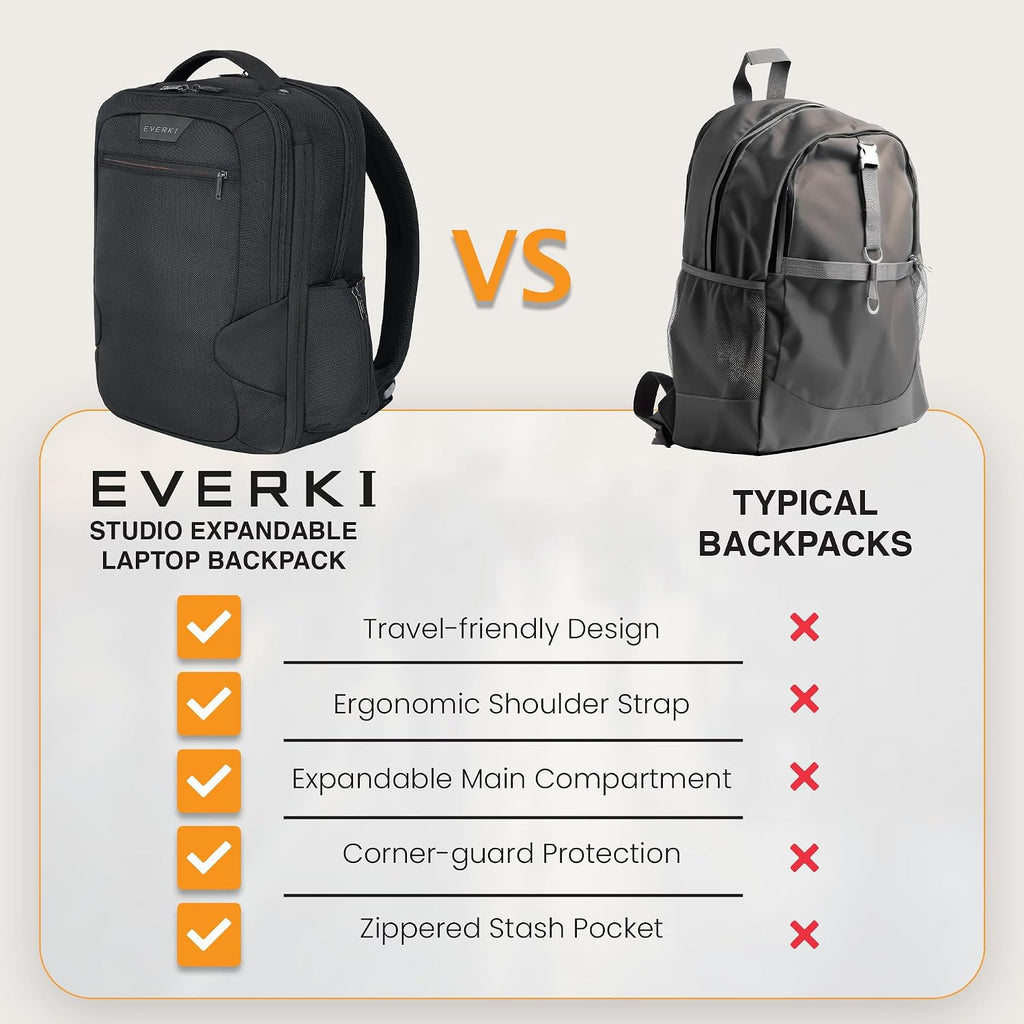 EVERKI Studio Expandable Laptop Backpack for Men & Women – Business and Travel Backpack, Carry-On Backpack for Office & Travel, Professional Backpack, 15-Inch MacBook & Laptop Bag, 26L Capacity, Black