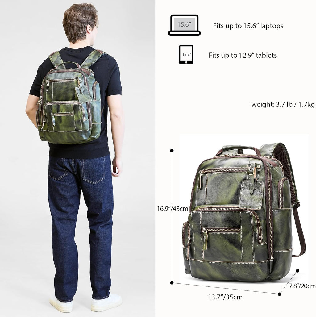LANNSYNE Vegetable Tanned Leather Backpack for Men, 15.6' Laptop Backpack Camping Travel 24L Rucksack