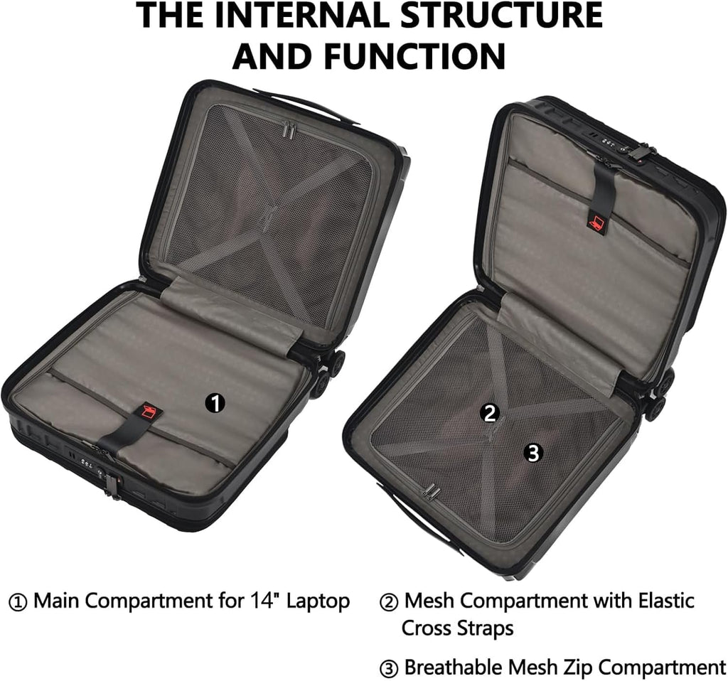 TydeCkare 16' Carry on Luggage with 2 Laptop Compartments, Lightweight Hardshell ABS+PC Suitcase with Dual Control TSA Lock, with YKK Zipper, 4 Spinner Silent Wheels, for Business Travel, Black