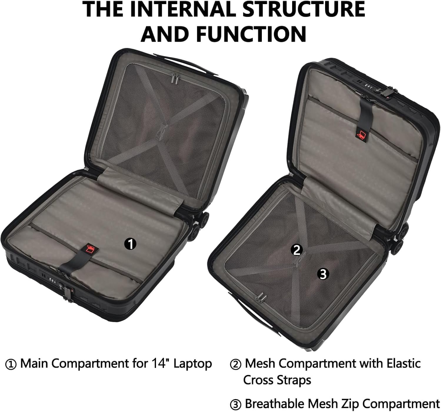 TydeCkare 16' Carry on Luggage with 2 Laptop Compartments, Lightweight Hardshell ABS+PC Suitcase with Dual Control TSA Lock, with YKK Zipper, 4 Spinner Silent Wheels, for Business Travel, Black