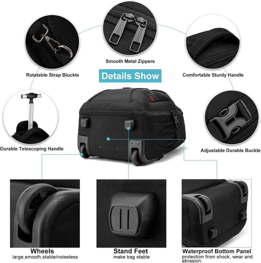 Rolling Backpack,18 inch Laptop Backpack with Wheels for Adults,Large Water Resistant Wheeled Backpack for Travel Carry on Trolley Luggage Suitcase College Business Computer Bag for Men Women, Black