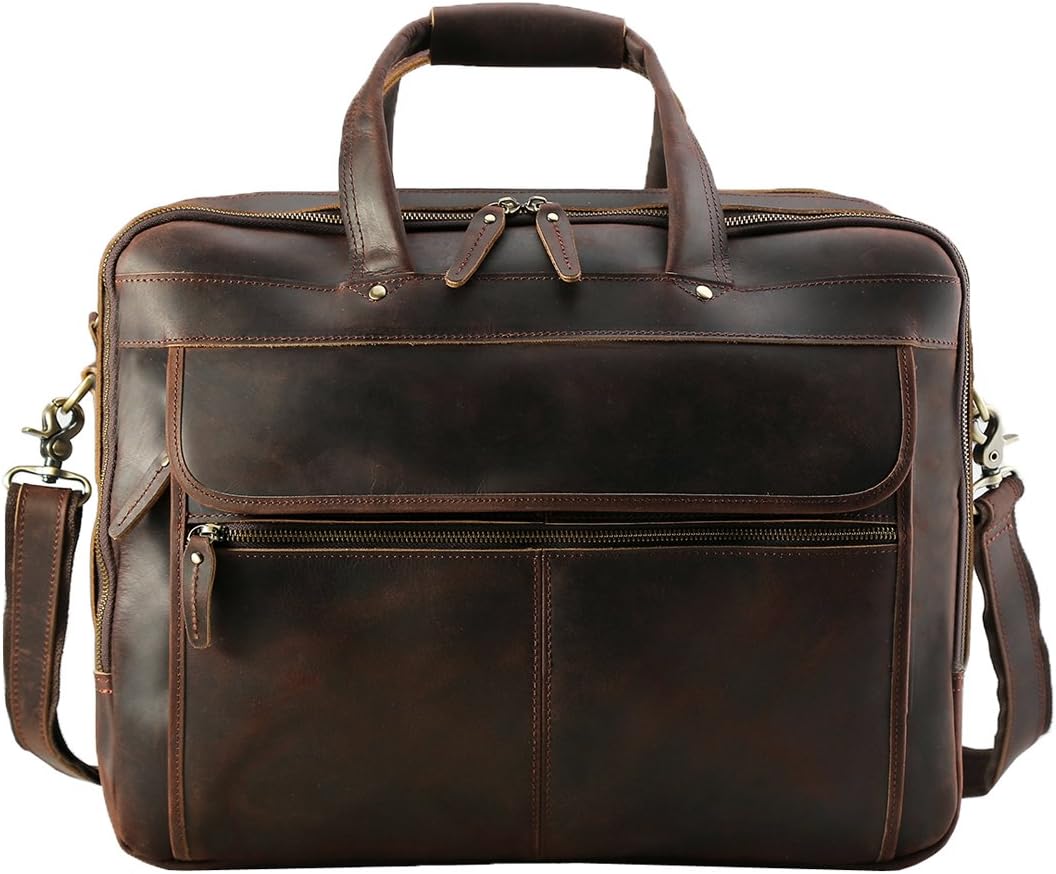 Polare 18'' Thick Full Grain Leather Fit 17.3' Laptop Business Briefcase Work Bag Overnight Bag For Men