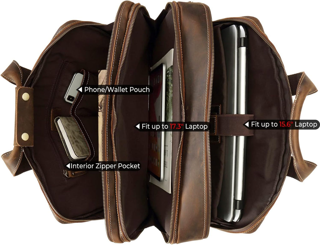Top Cowhide Leather briefcase for men,17.3 Inch Messenger Bag Laptop Briefcase with YKK Metal Zippers Fit Business Trip