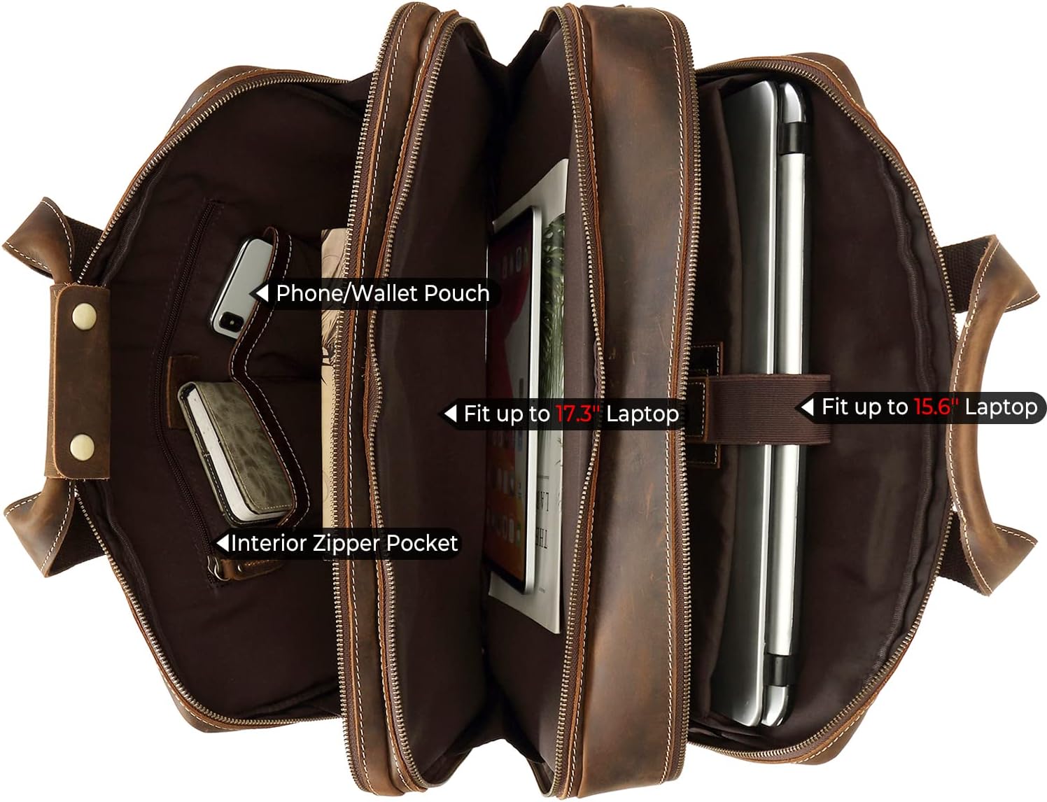 Top Cowhide Leather briefcase for men,17.3 Inch Messenger Bag Laptop Briefcase with YKK Metal Zippers Fit Business Trip