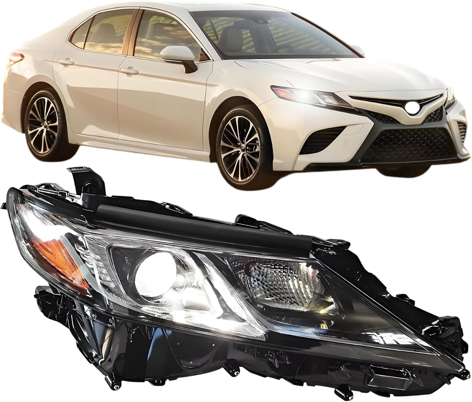 Right Passenger Side LED Projector Headlights Assembly For 2018-2024 Toyota Camry L LE SE TRD Sedan Replacement front bumper Headlamps Black Housing Clear Lens(RH)