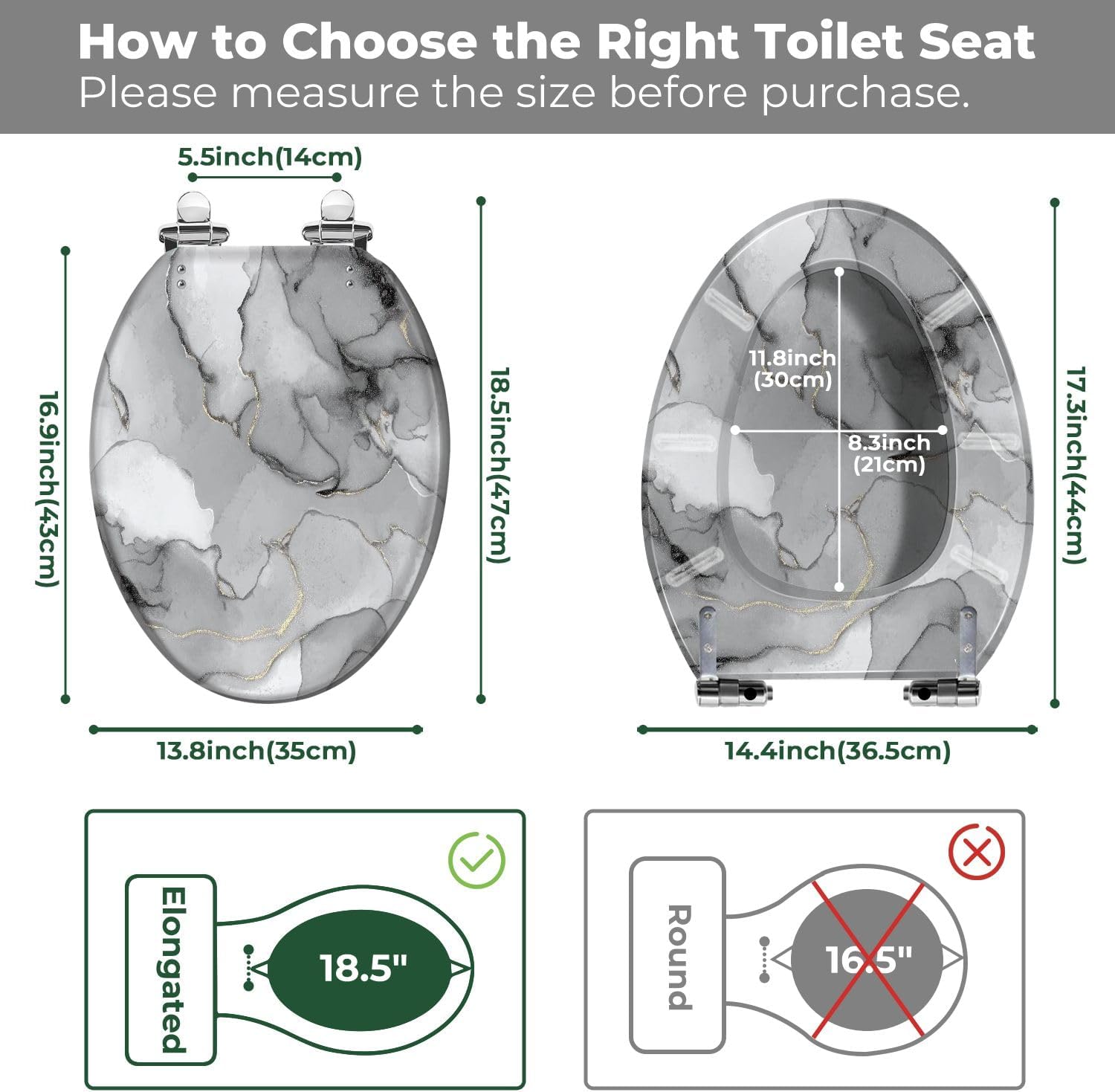 Elongated Toilet Seat Grey Marble Watercolor Stone Silver Alcohol Ink Gold Marble Resin Toilet Seat with Quietly Close Quick Release Hinges Decorative Toilet Seat with Cover Easy to Clean and Install