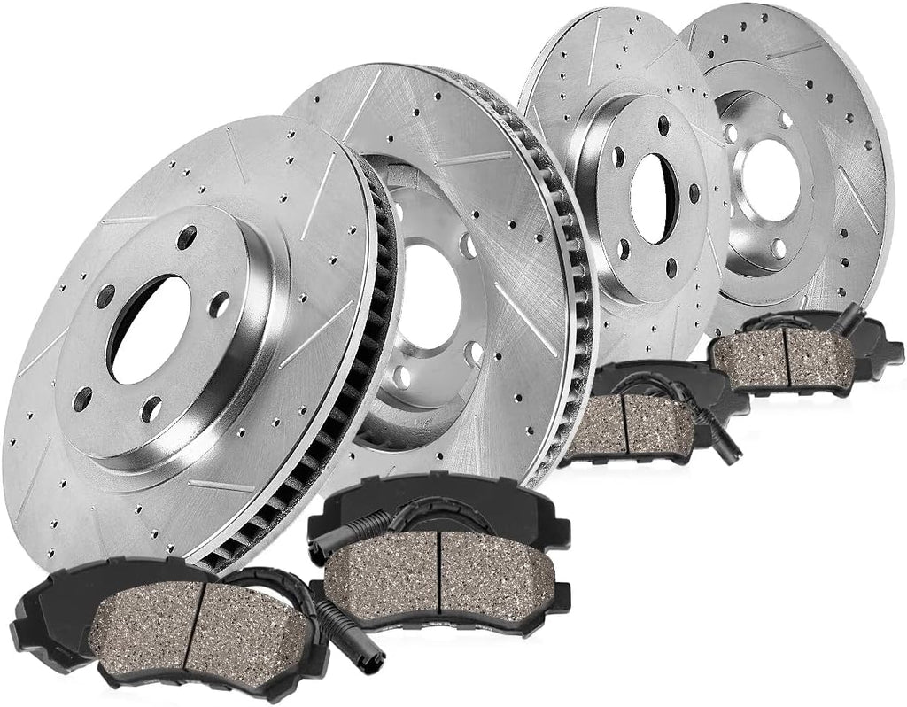 Callahan Brake Parts Front and Rear Brake Kit For Audi A4 2012-16 |A4 Quattro 2012-16 |A5 2012-14 - Drilled & Slotted Disc Rotors with Ceramic Brake Pads + Sensors & Hardware, EBYK034869