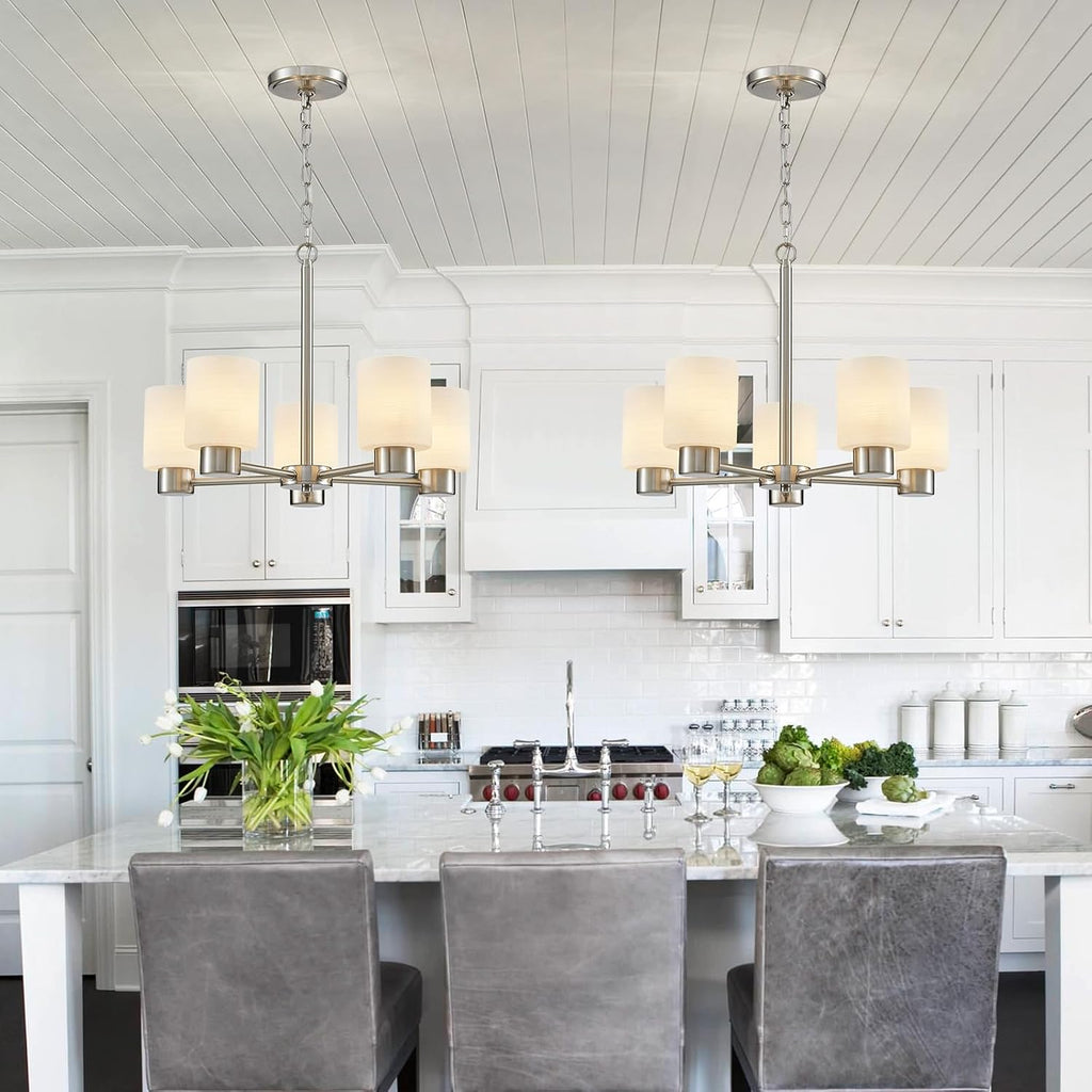 WUZUPS 5-Light Pendant Chandelier Light Frosted White Glass Shade with Grain Ceiling Lighting Elegant Modern Fixture Bathroom Kitchen Dining Room Entry Foyer, H 15.8' W21, E12 Base, Brushed Nickel