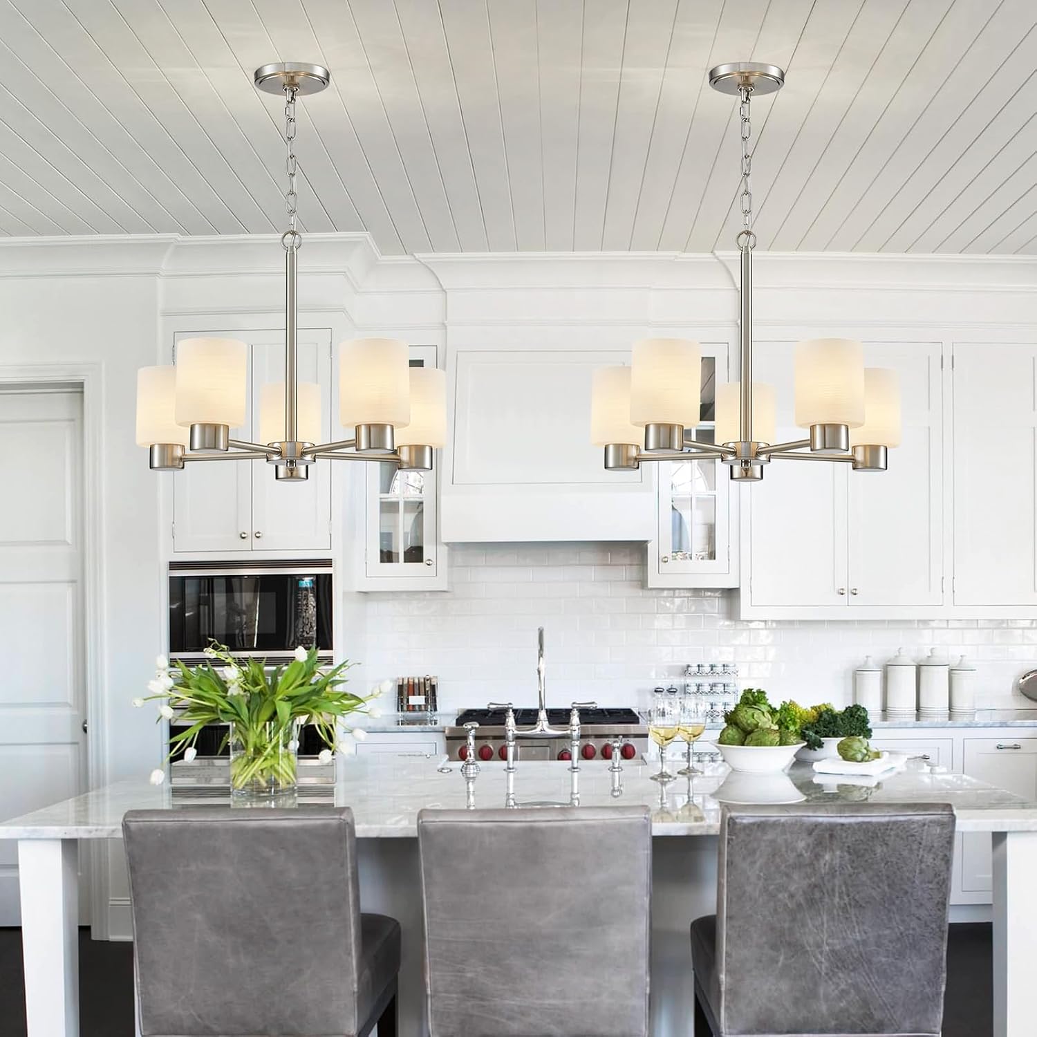 WUZUPS 5-Light Pendant Chandelier Light Frosted White Glass Shade with Grain Ceiling Lighting Elegant Modern Fixture Bathroom Kitchen Dining Room Entry Foyer, H 15.8' W21, E12 Base, Brushed Nickel