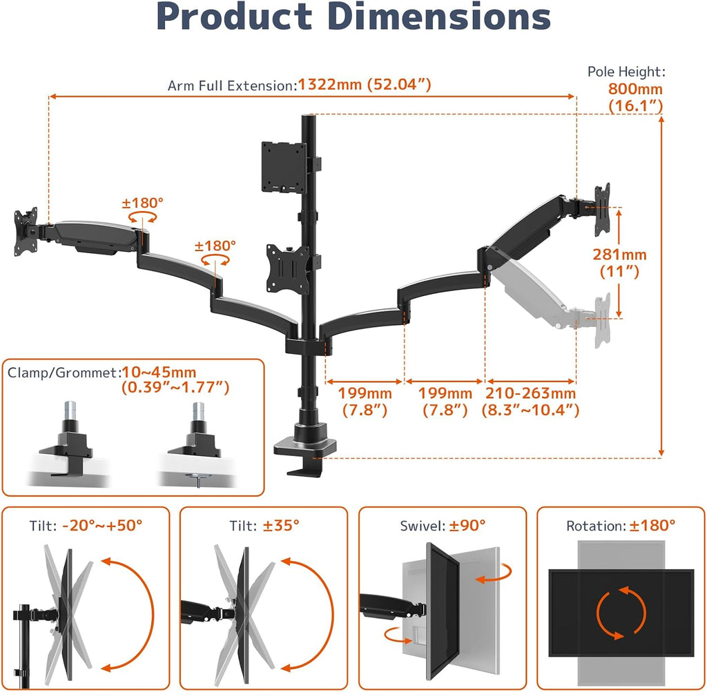 PUTORSEN Quad Monitor Mount for up to 49'' Ultrawide on Top Bracket and 27'' Screens on Lower Brackets, Holds up to 44lbs, Quad Monitor Stand with Gas Spring, C-Clamp & Grommet Base
