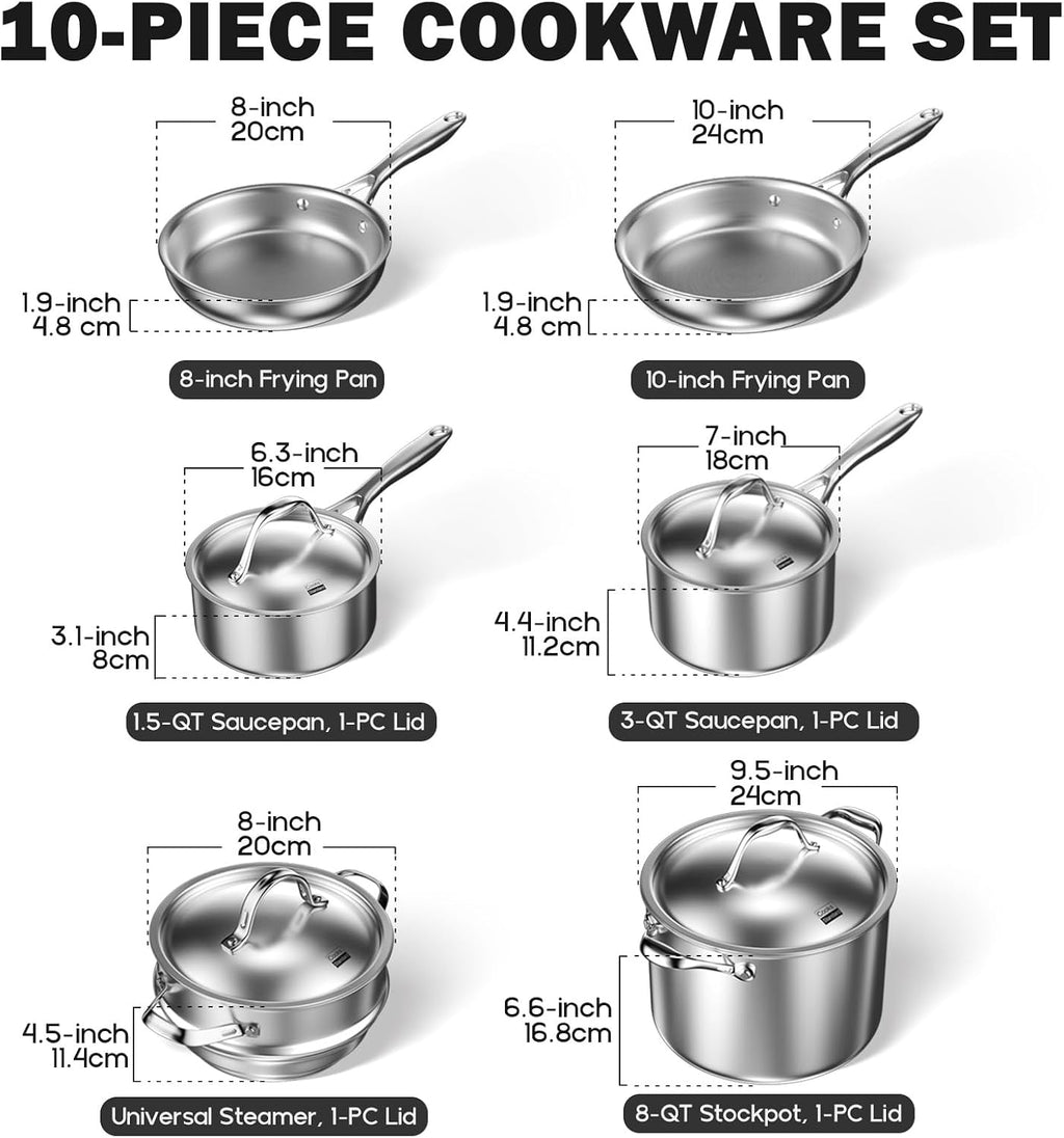 Cooks Standard 10-Piece Tri-Ply Clad Stainless Steel Cookware Set | Includes Saucepan, Steamer & Stockpot with Lids & Fry Pan. Aluminum Core for Even Heat. Oven & Dishwasher Safe