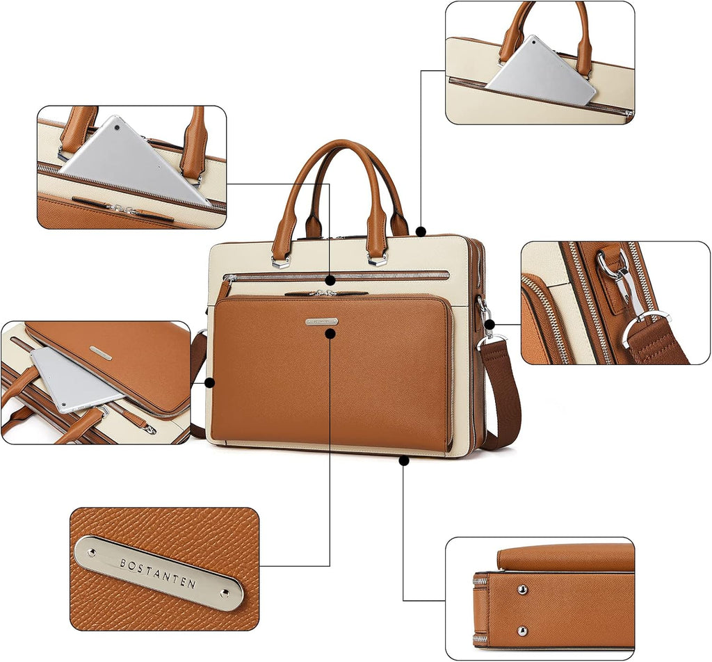 BOSTANTEN Briefcases for Men Messenger Bag Genuine Leather Laptop Bag 15.6 inch Office Work Tote for Buisness Travel