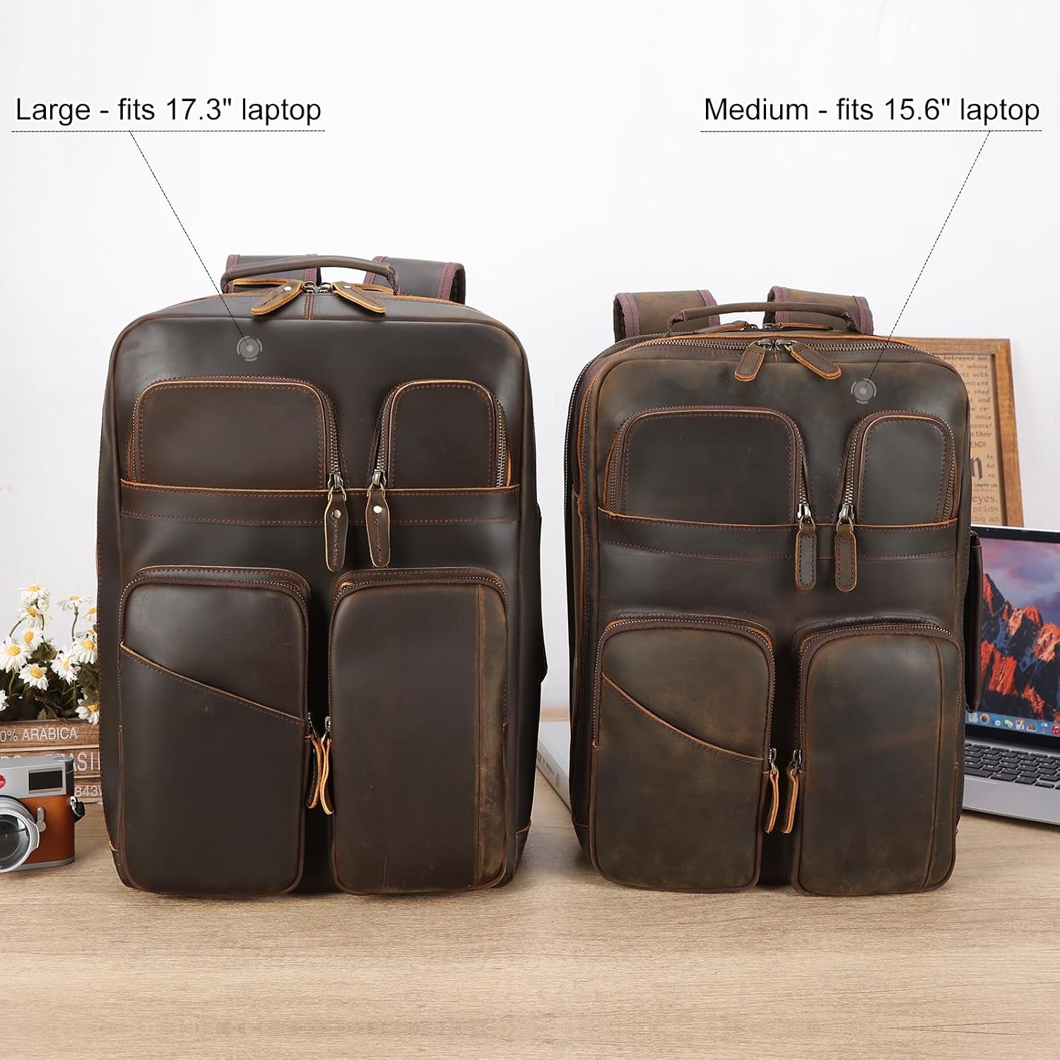 TIDING 17.3' Full Grain Leather Laptop Backpack for Men Multi Pockets Casual Daypack Business Travel Rucksack