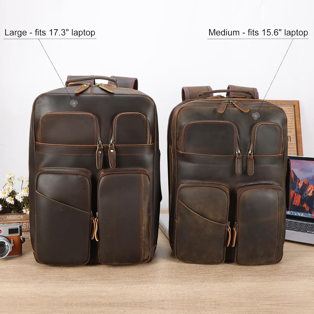 TIDING Full Grain Leather 15.6' Laptop Backpack for Men Multi Pockets Casual Daypack Business Travel Rucksack