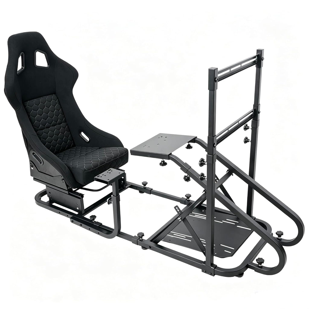 Racing Simulator Cockpit with Monitor Mount and Stronger Fiberglass Back Mesh Fabric Bucket Seat, Racing Wheel Stand Compatible with Fanatec, Thrustmaster, Logitech, Moza Racing Games on PS5, PS4, Xbox and PC