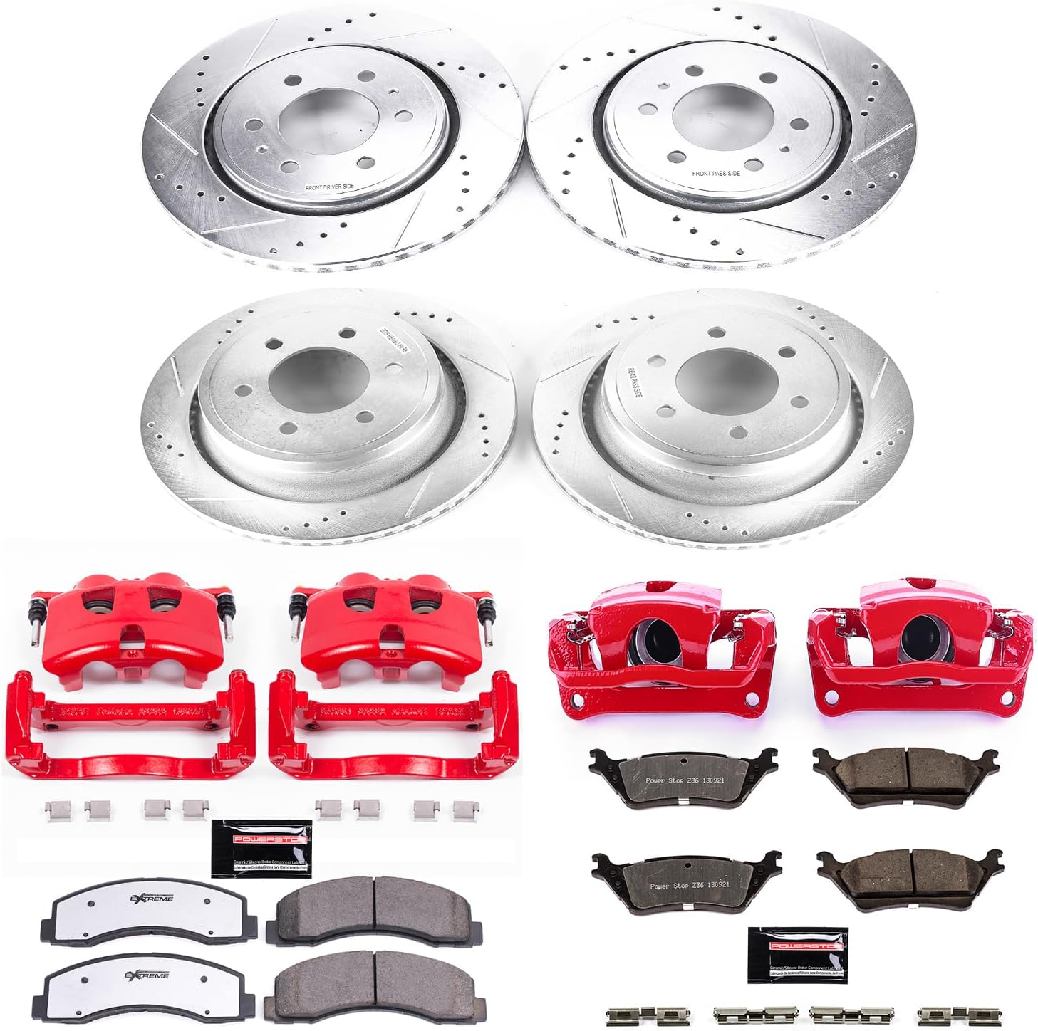 PowerStop Front and Rear Brake & Caliper Kit for Ford F-150 2012-18 - Drilled & Slotted Disc Rotors + Z36 Brake Pads + Red-Powder Coated Calipers, KC6268-36